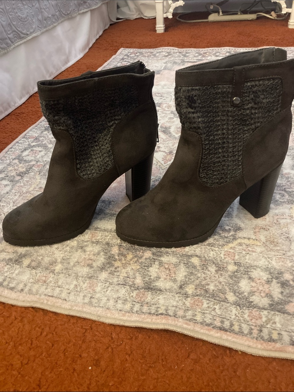 Juicy Couture Dark Brown Knit-Panel Suede Ankle Booties